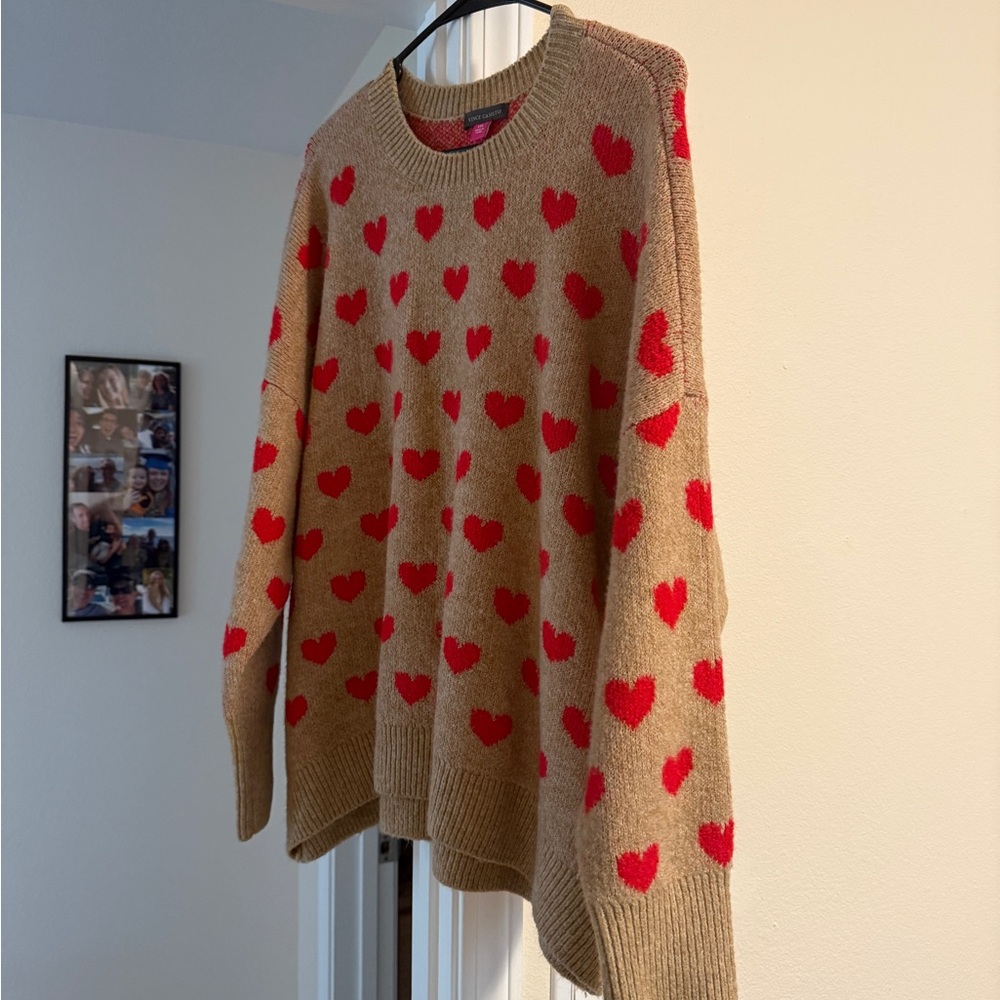 Vince Camuto Tan and Red Heart Sweater